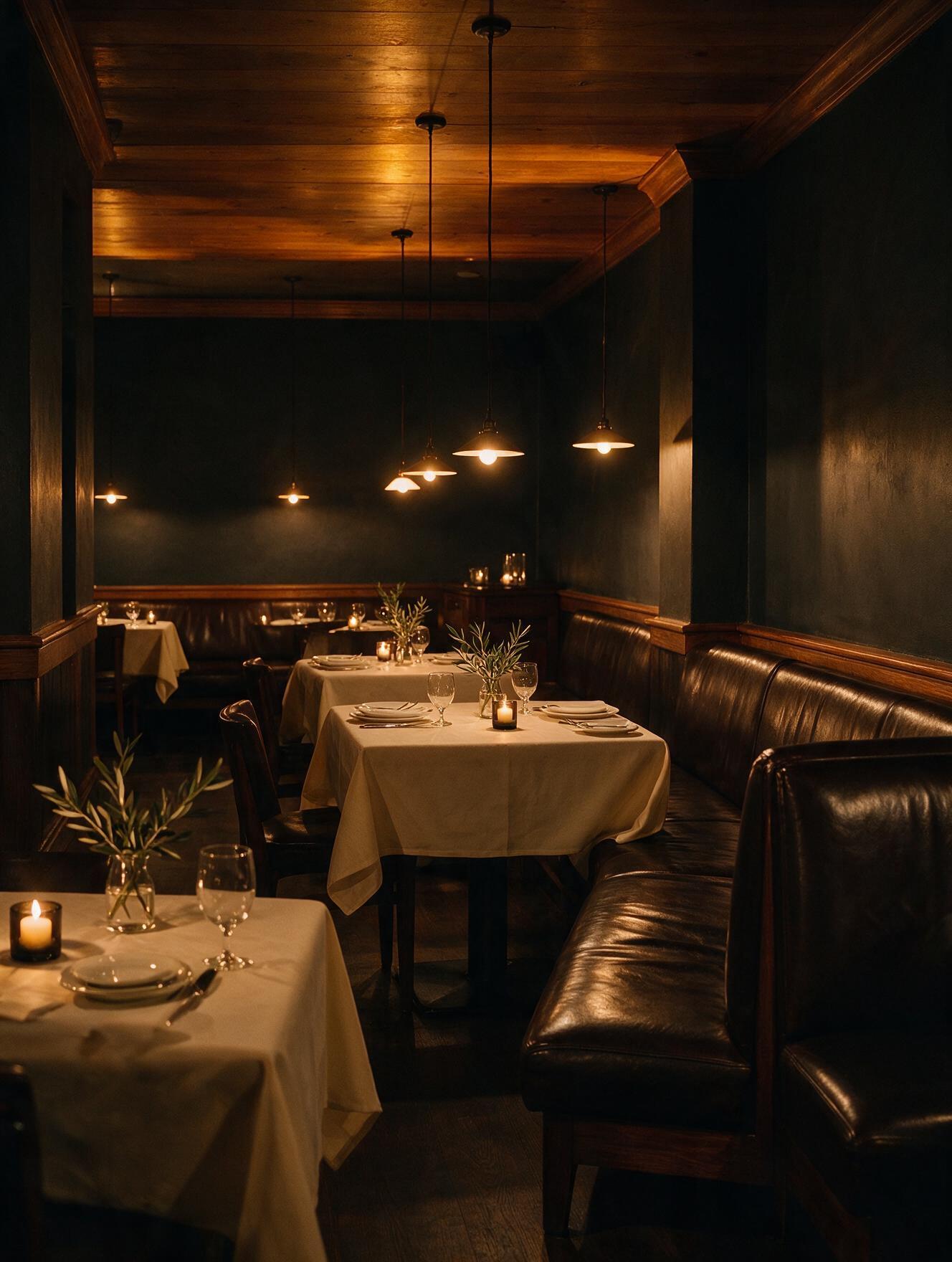 The dining room at Merhaba — leather banquettes, low pendant light and candlelit tables