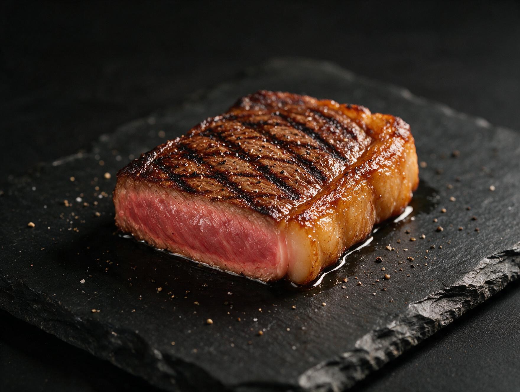 Grilled New York strip steak with a seared fat cap