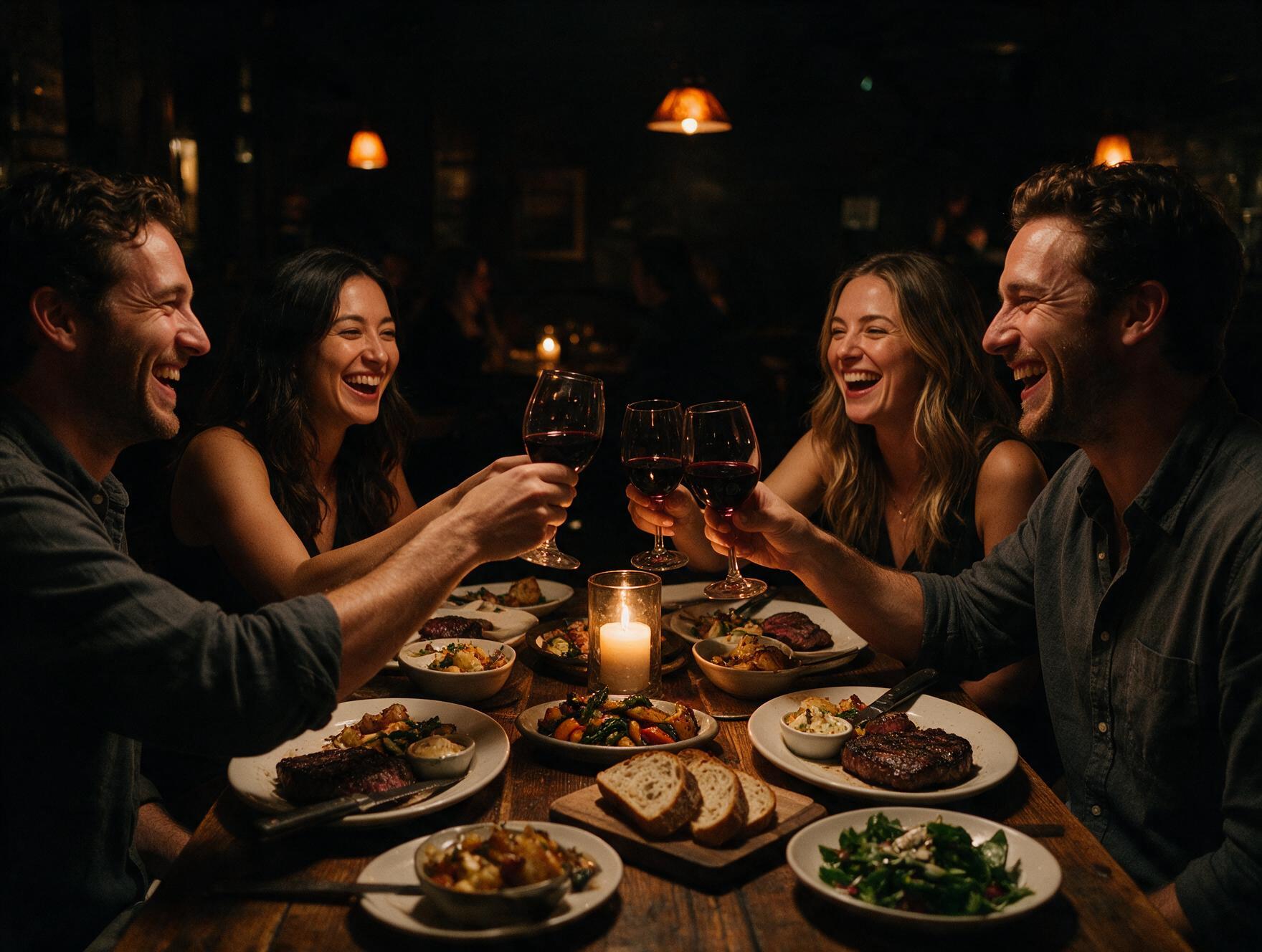 Guests sharing dinner and raising glasses around a table
