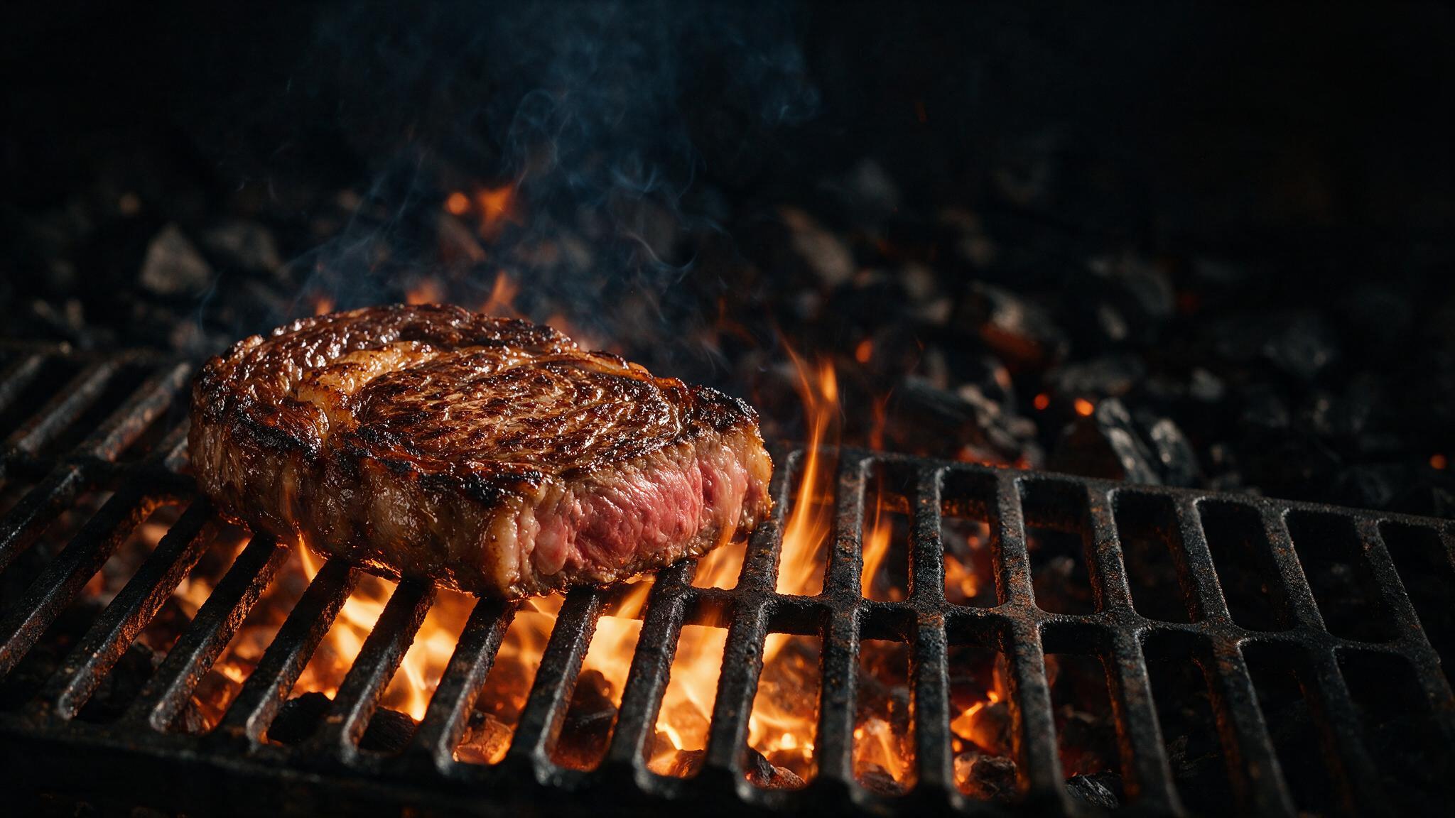 A steak searing over glowing coals on an open-fire grill