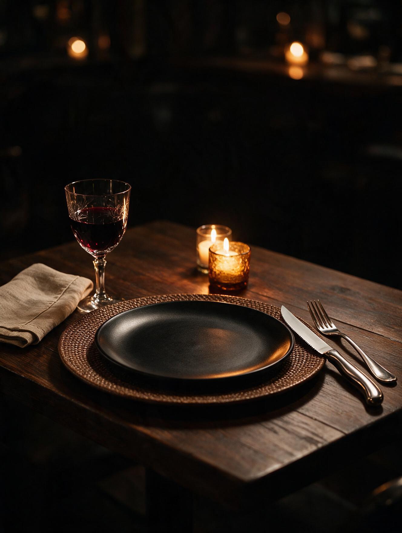 Table laid with a steak knife, wine and a lit candle