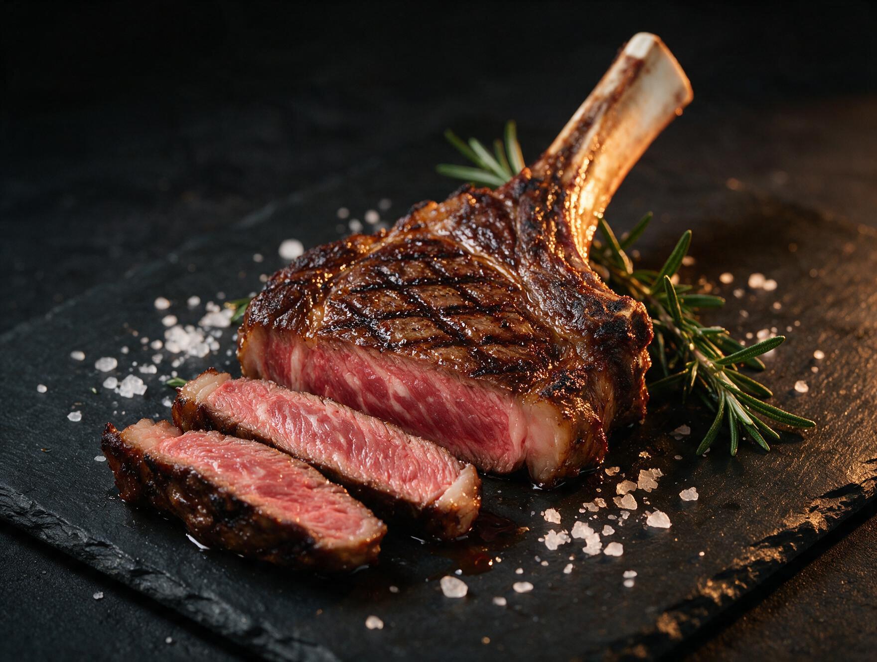 Grilled bone-in tomahawk steak, partly sliced