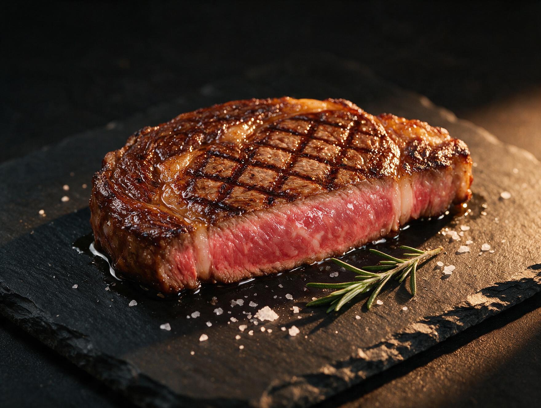 Grilled ribeye steak on dark slate with rosemary and sea salt